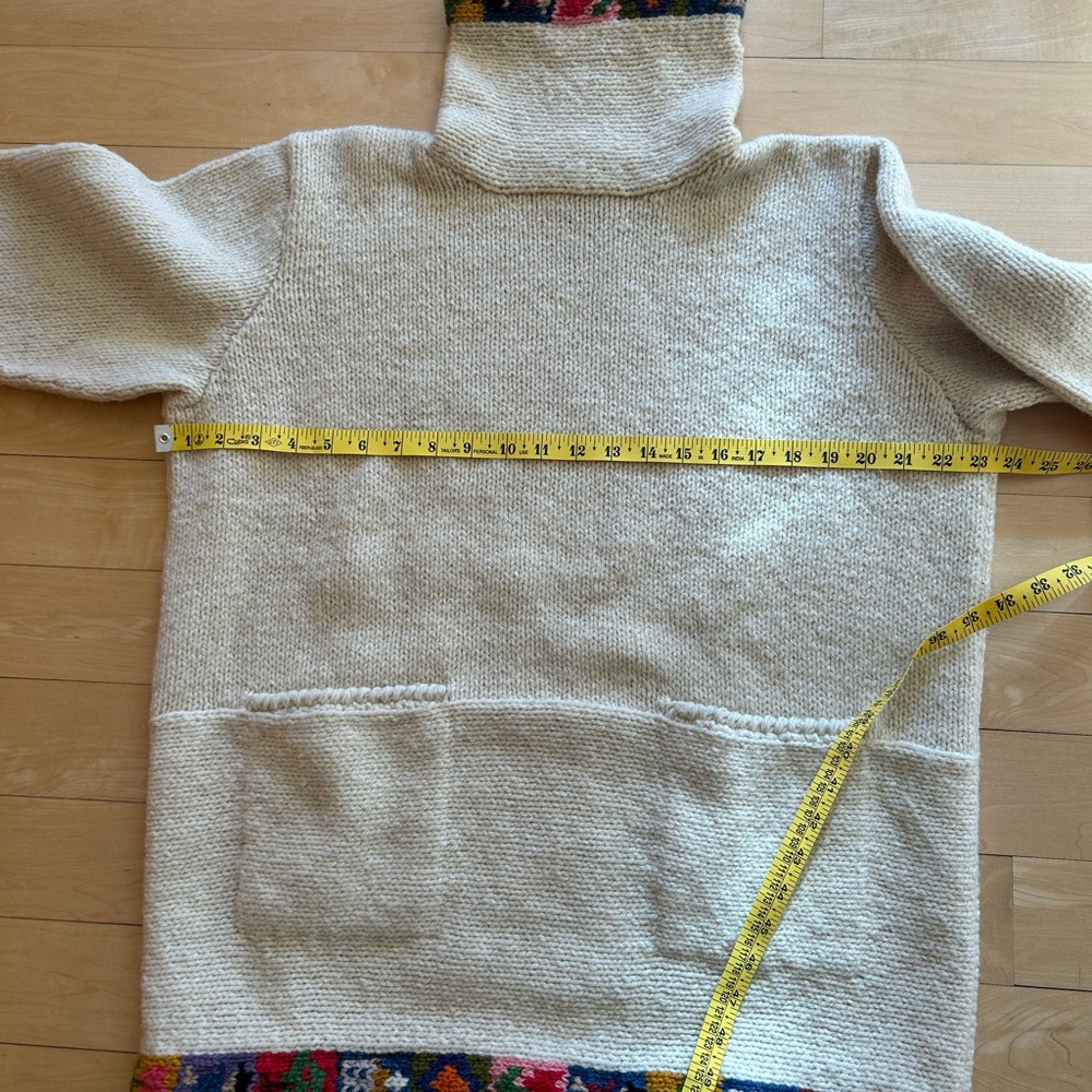 Amano 100% Wool Hand-Knit Funnel Neck Sweater Cream w/ Colorful Accents Size M/L - Picture 9 of 13